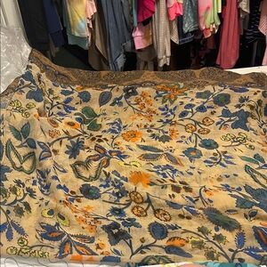 Floral Patterned Scarf with Blue and Orange Accents
